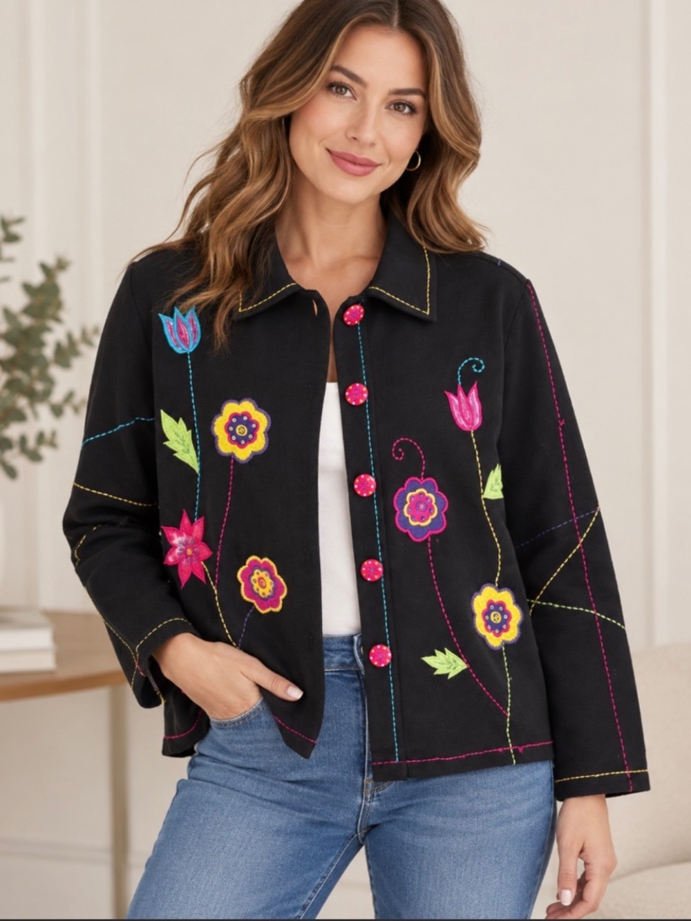 Vintage Draper’s & Damon’s Floral Embroidered Jacket Black Size L